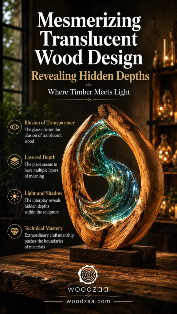 A vertical Pinterest graphic featuring an illuminated circular wood and glass sculpture on a dark base. An oval-like wooden frame surrounds a shimmering, S-shaped translucent blue-green glass center filled with warm internal light reflections. At the top, bold text reads: "Mesmerizing Translucent Wood Design - Revealing Hidden Depths - Where Timber Meets Light." Four golden icons on the left detail Illusion of Transparency, Layered Depth, Light and Shadow, and Technical Mastery. The bottom features the "woodzaa" logo and woodzaa.com.