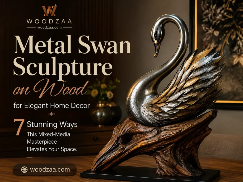 A detailed metallic swan sculpture featuring silver and gold layered feather details, resting atop a natural rustic wooden base. The swan has a graceful curved neck and a dark polished metallic finish. On the left, elegant promotional text reads "Metal Swan Sculpture on Wood for Elegant Home Decor" along with "7 Stunning Ways This Mixed-Media Masterpiece Elevates Your Space." The image features the "Woodzaa" logo at the top left and website link "woodzaa.com" at the bottom left.