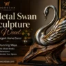 A detailed metallic swan sculpture featuring silver and gold layered feather details, resting atop a natural rustic wooden base. The swan has a graceful curved neck and a dark polished metallic finish. On the left, elegant promotional text reads "Metal Swan Sculpture on Wood for Elegant Home Decor" along with "7 Stunning Ways This Mixed-Media Masterpiece Elevates Your Space." The image features the "Woodzaa" logo at the top left and website link "woodzaa.com" at the bottom left.