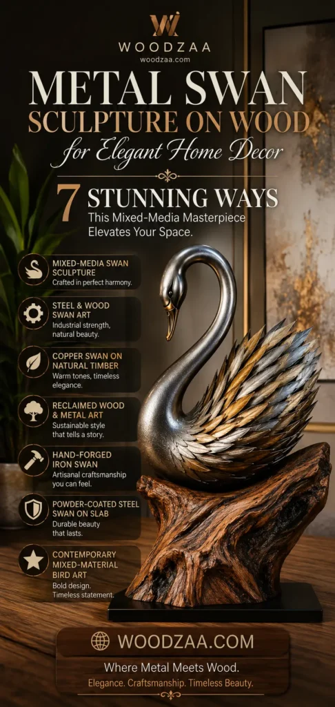 A metallic swan sculpture with silver and gold feathered wings sits atop a natural rustic wooden base. Headline reads "Metal Swan Sculpture on Wood for Elegant Home Decor - 7 Stunning Ways This Mixed-Media Masterpiece Elevates Your Space." Left side lists 7 featured qualities with icons: Mixed-Media, Steel & Wood, Copper on Timber, Reclaimed Wood, Hand-Forged Iron, Powder-Coated Steel, and Contemporary Bird Art. Branding for Woodzaa.com appears at the top and bottom.