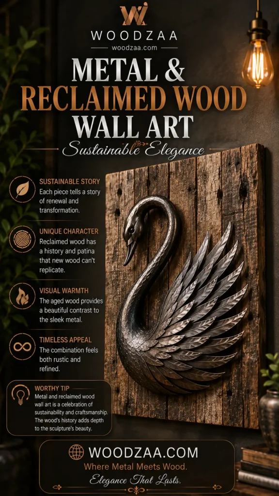 A metallic swan sculpture with detailed layered feather wings mounted on a vertical rustic reclaimed wood panel wall art. Header text reads "Metal & Reclaimed Wood Wall Art – Sustainable Elegance" beneath the Woodzaa logo. Four bullet points on the left with icons highlight: Sustainable Story, Unique Character, Visual Warmth, and Timeless Appeal. A "Worthy Tip" box at the bottom highlights craftsmanship and sustainability, above the website woodzaa.com and "Where Metal Meets Wood. Elegance That Lasts."