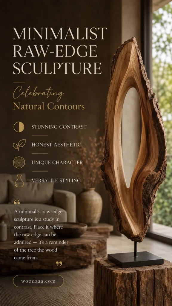 Vertical Pinterest pin featuring an oval-shaped, raw-edge wood sculpture with natural tree bark on the outer rim and smooth carved wood inside. It stands on a black metal base over a rustic log pedistal. On the left, serif text reads "MINIMALIST RAW-EDGE SCULPTURE" above script that says "Celebrating Natural Contours." Includes minimalist line icons highlighting key attributes: Stunning Contrast, Honest Aesthetic, Unique Character, and Versatile Styling, with woodzaa.com at the bottom.