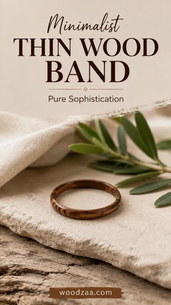 Vertical promotional image titled "Minimalist Thin Wood Band - Pure Sophistication." A slim, handcrafted wooden ring featuring rich, natural wood grain details rests on a textured cream stone slab. The background soft-focus setting includes draped beige fabric, an olive branch with green leaves, and a rustic wood foundation. The website woodzaa.com is subtly displayed in a brown banner at the bottom.