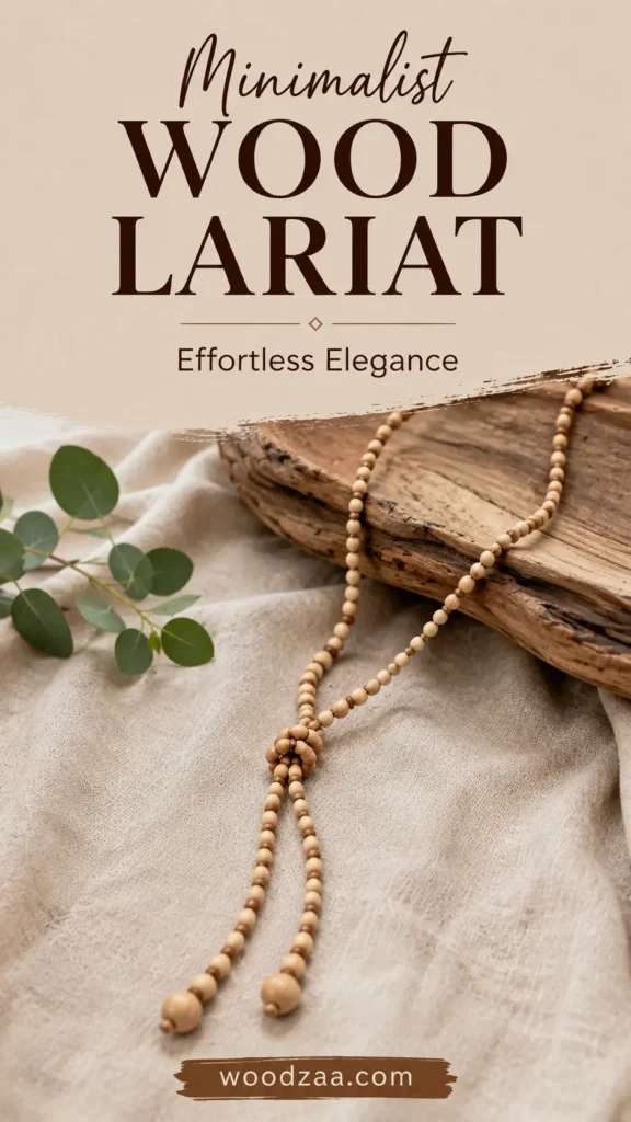 Vertical promotional image titled "Minimalist Wood Lariat - Effortless Elegance." A long wooden bead lariat necklace, knotted in the center with dangling ends, drapes over a rustic piece of wood and soft beige linen fabric. The serene setting features a small green eucalyptus branch on the left, with woodzaa.com displayed in a brown banner at the bottom.
