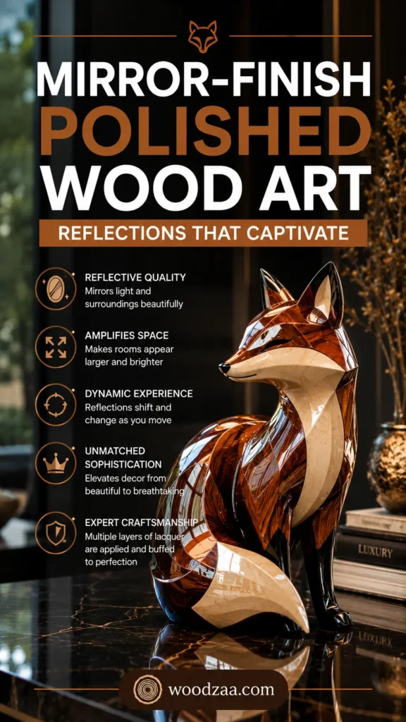 Vertical promotional pin featuring a sleek, mirror-finished wooden fox sculpture on a reflective black marble surface. Bold title reads "MIRROR-FINISH POLISHED WOOD ART - REFLECTIONS THAT CAPTIVATE." Bulleted points on the left highlight key attributes: reflective quality, space amplification, dynamic experience, unmatched sophistication, and expert craftsmanship with multi-layered lacquer. The website woodzaa.com appears at the bottom.