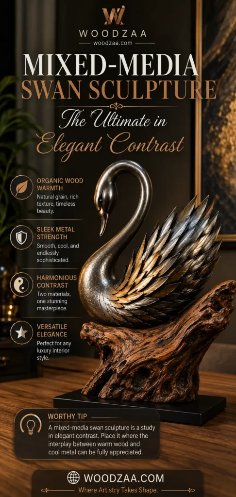 A detailed metallic swan sculpture with layered silver and gold feathers resting on a natural, rustic wooden base. Overlay text at the top reads "Mixed-Media Swan Sculpture – The Ultimate in Elegant Contrast" with the Woodzaa logo. On the left are four key features with icons: Organic Wood Warmth, Sleek Metal Strength, Harmonious Contrast, and Versatile Elegance. A "Worthy Tip" box at the bottom provides decor placement advice, along with woodzaa.com and "Where Artistry Takes Shape."