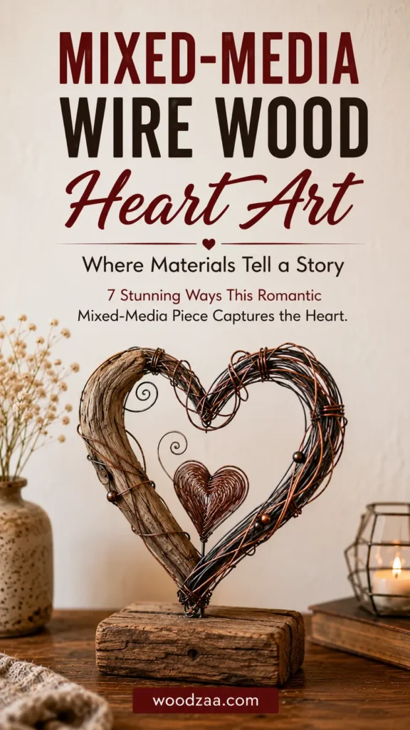 A mixed-media heart sculpture combining natural driftwood and wrapped wire on a rustic block base, featuring a smaller woven wire heart at its center. Set on a wooden table next to a ceramic vase of dried flowers, vintage book, and lit candle. Top text overlay: "MIXED-MEDIA WIRE WOOD Heart Art – Where Materials Tell a Story. 7 Stunning Ways This Romantic Mixed-Media Piece Captures the Heart." Bottom includes "woodzaa.com". Ideal for rustic decor and craft inspiration.