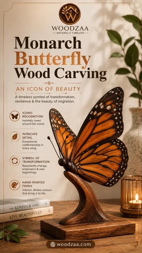 Handcrafted monarch butterfly wood carving with vibrant orange wings and black, white-spotted borders perched on a wooden pedestal. Text on the left displays the logo "WOODZAA - NATURALLY TIMELESS" and the title "Monarch Butterfly Wood Carving: AN ICON OF BEAUTY - A timeless symbol of transformation, resilience & the beauty of migration." Highlights include: Iconic Recognition, Intricate Detail, Symbol of Transformation, and Hand-Painted Finish, with a link button for woodzaa.com.