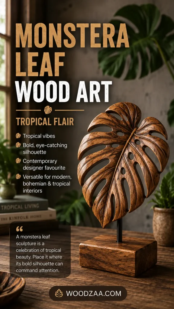 Pinterest graphic titled "MONSTERA LEAF WOOD ART: TROPICAL FLAIR." The image shows a carved wooden monstera leaf sculpture with detailed cutouts, mounted on a metal stem and wooden block base. On the left, bullet points outline features like "Bold, eye-catching silhouette," accompanied by stacked books ("TROPICAL LIVING", "THE KINFOLK HOME") and a quote on celebrating tropical beauty. Fresh houseplants frame the background, and the website logo WOODZAA.COM is centered at the bottom.