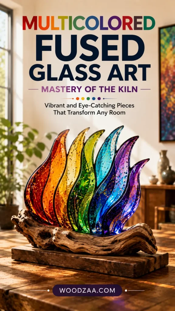 Vertical Pinterest graphic with bold, multicolored header text reading "MULTICOLORED FUSED GLASS ART" with "MASTERY OF THE KILN" and "Vibrant and Eye-Catching Pieces That Transform Any Room." The image features a flame-shaped glass sculpture with layered, curving tendrils displaying a full spectrum of rainbow colors—red, orange, yellow, green, teal, deep blue, and purple. The glass piece is mounted in natural driftwood set on a wooden plinth. "WOODZAA.COM" appears at the bottom.