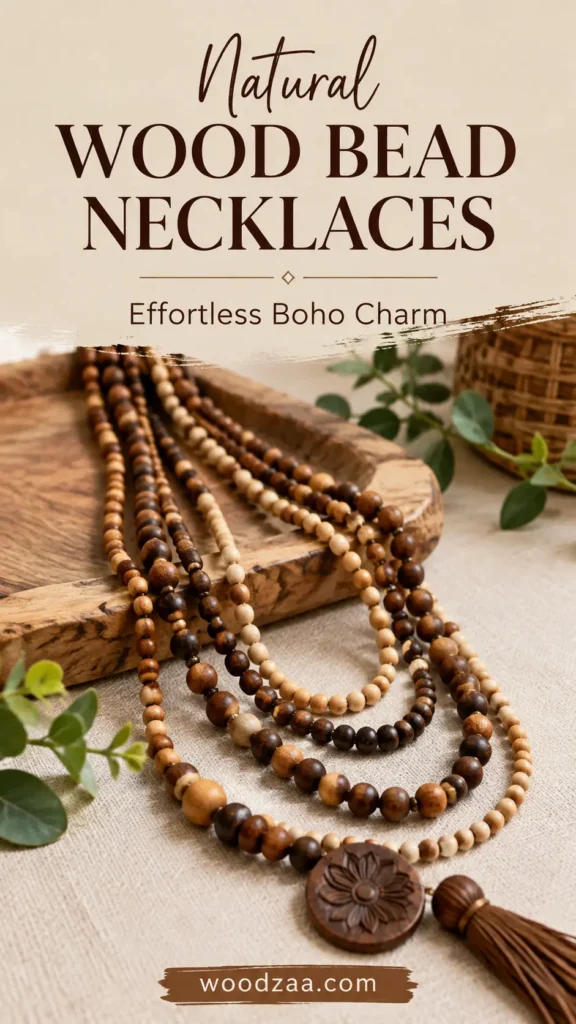 Vertical promotional image titled "Natural Wood Bead Necklaces - Effortless Boho Charm." Multiple strands of layered wooden bead necklaces in varying light, medium, and dark brown tones drape over a carved wooden tray and neutral fabric. The outer necklace features a round flower-carved wooden pendant with a matching brown fringe tassel. The background is styled with green foliage and woven decor, with woodzaa.com displayed at the bottom.