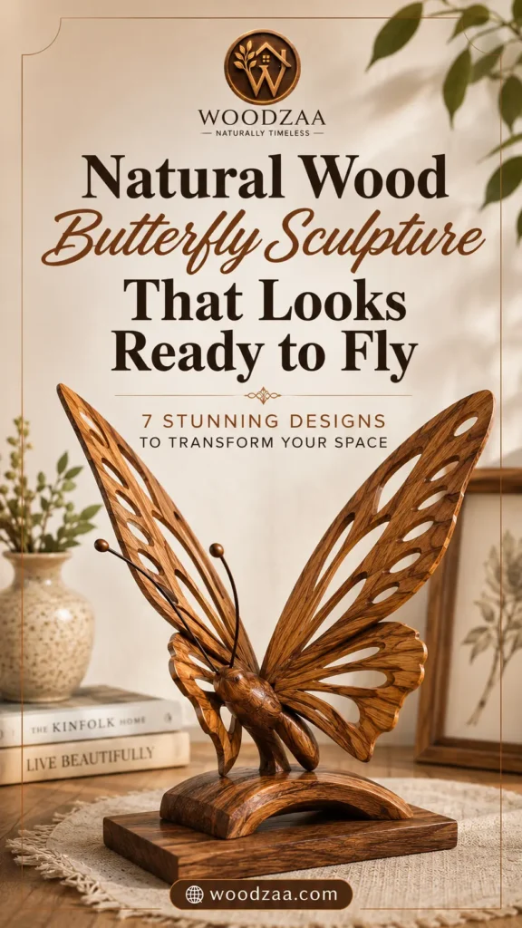 A wooden butterfly sculpture with carved openwork wings perches on a rustic base. Above, text reads: "WOODZAA - NATURALLY TIMELESS. Natural Wood Butterfly Sculpture That Looks Ready to Fly - 7 STUNNING DESIGNS TO TRANSFORM YOUR SPACE." A bottom badge displays "woodzaa.com". The warm interior setting includes stacked books ("The Kinfolk Home", "Live Beautifully"), a speckled vase with white dried flowers, leaves, and a framed picture on a wooden surface.