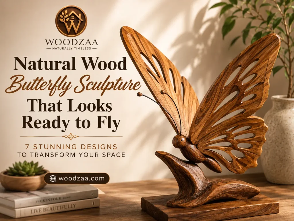A handcrafted natural wood butterfly sculpture with carved cutout wings perched on a wooden branch base atop a tabletop. On the left, graphic text reads: "WOODZAA - NATURALLY TIMELESS. Natural Wood Butterfly Sculpture That Looks Ready to Fly. 7 STUNNING DESIGNS TO TRANSFORM YOUR SPACE," along with a link button for "woodzaa.com". The warm home decor background features a succulent, stacked books, soft sunlight, and a potted plant in a ceramic vase.