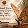 A handcrafted natural wood butterfly sculpture with carved cutout wings perched on a wooden branch base atop a tabletop. On the left, graphic text reads: "WOODZAA - NATURALLY TIMELESS. Natural Wood Butterfly Sculpture That Looks Ready to Fly. 7 STUNNING DESIGNS TO TRANSFORM YOUR SPACE," along with a link button for "woodzaa.com". The warm home decor background features a succulent, stacked books, soft sunlight, and a potted plant in a ceramic vase.