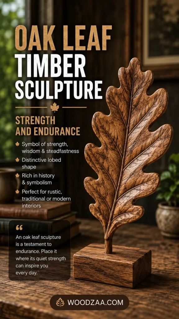 Pinterest graphic titled "OAK LEAF TIMBER SCULPTURE: STRENGTH AND ENDURANCE." The image features a detailed carved wooden oak leaf with deep lobed edges mounted on a rectangular wooden block base. On the left side, key points describe it as a "Symbol of strength, wisdom & steadfastness," accompanied by stacked vintage books and a quote starting with "An oak leaf sculpture is a testament to endurance." A potted plant stands in the soft-focus background, and the website logo WOODZAA.COM is at the bottom.