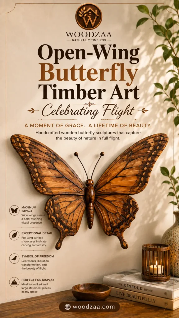 A handcrafted open-wing butterfly timber sculpture mounted on a wall, showcasing intricate wood grain patterns and detailed wing carvings. Header text displays the logo "WOODZAA - NATURALLY TIMELESS", title "Open-Wing Butterfly Timber Art - Celebrating Flight", and subtext "A MOMENT OF GRACE. A LIFETIME OF BEAUTY." Bullet points on the left list: Maximum Impact, Exceptional Detail, Symbol of Freedom, and Perfect for Display. A bottom website button links to "woodzaa.com" in a warm home decor setting.