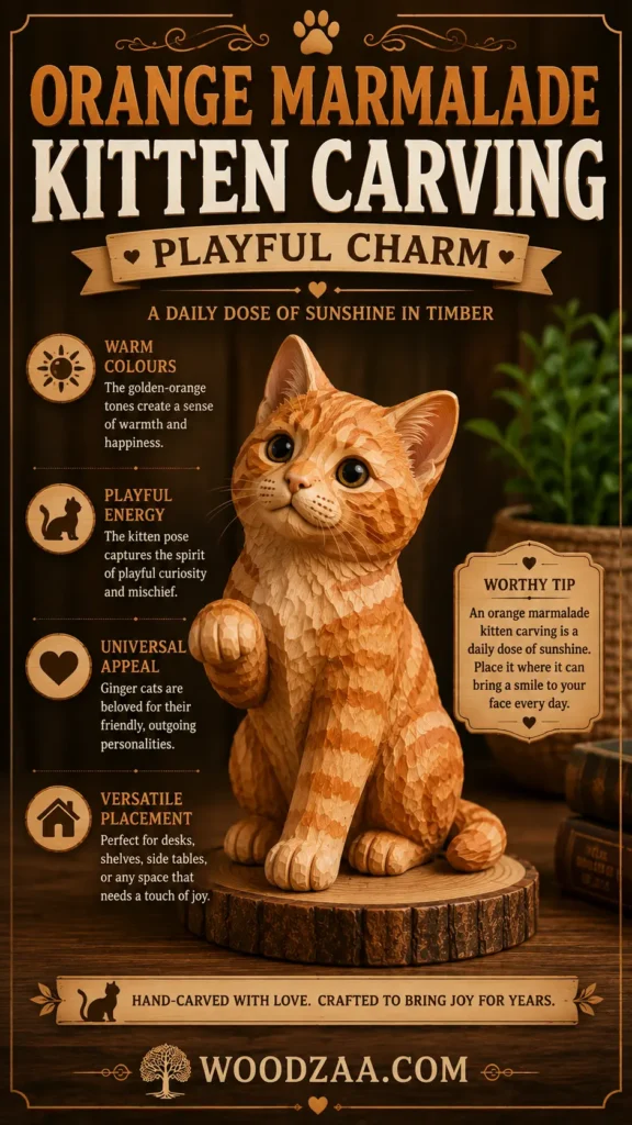 Hand-carved wooden sculpture of a playful ginger marmalade kitten with its front paw raised, sitting on a round wooden base. Large banner text at the top reads "Orange Marmalade Kitten Carving - Playful Charm: A Daily Dose of Sunshine in Timber." Left-side feature callouts detail Warm Colours, Playful Energy, Universal Appeal, and Versatile Placement. A right-side card shares a "Worthy Tip" on displaying the piece, above a bottom bar with "woodzaa.com".
