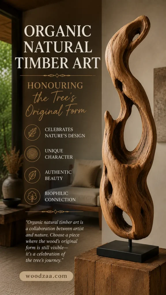 Vertical Pinterest graphic showcasing a tall, flowing wooden sculpture with natural cutouts and rich grain textures, mounted on a black metal stand atop a wooden block pedestal. On the left, bold serif typography reads "ORGANIC NATURAL TIMBER ART" above handwritten script "Honouring the Tree's Original Form." Includes four circular line-art icons listing key benefits: Celebrates Nature's Design, Unique Character, Authentic Beauty, and Biophilic Connection, with woodzaa.com at the bottom.