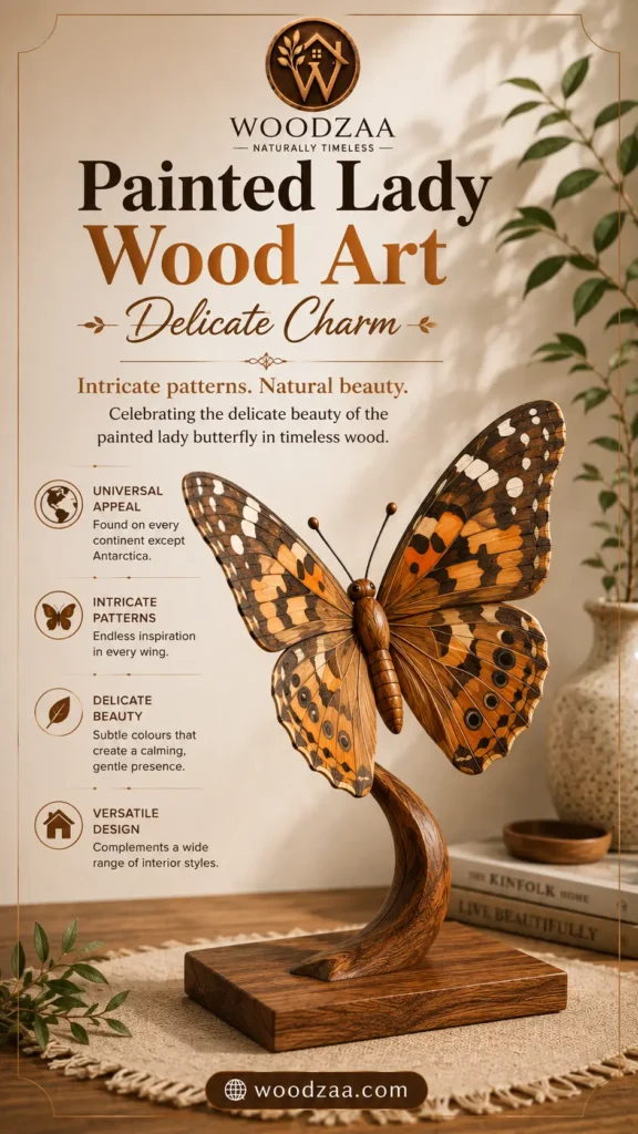 A wooden Painted Lady butterfly carving with detailed orange, brown, and white-spotted wings mounted on a curved stem base. Header text shows the logo "WOODZAA - NATURALLY TIMELESS", title "Painted Lady Wood Art - Delicate Charm", and subtext "Intricate patterns. Natural beauty." Highlights on the left list: Universal Appeal, Intricate Patterns, Delicate Beauty, and Versatile Design. A website badge at the bottom reads "woodzaa.com" in a warm interior setting with books and greenery.