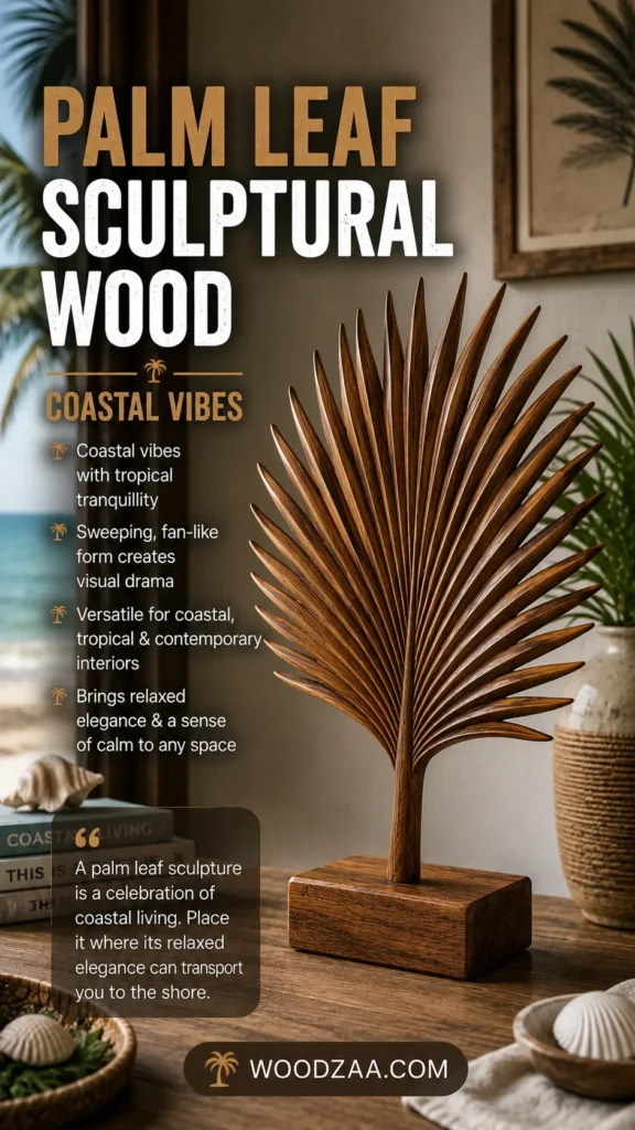 Pinterest graphic titled "PALM LEAF SCULPTURAL WOOD: COASTAL VIBES." The image showcases a carved wooden fan-shaped palm leaf sculpture mounted on a block wooden base. Set on a rustic wooden table, it is styled with seashells, a woven vase with a green plant, and books like "COASTAL LIVING" next to a window with an ocean view. Text on the left lists highlights like "Sweeping, fan-like form creates visual drama," with a quote on coastal living. The website logo WOODZAA.COM sits at the bottom.