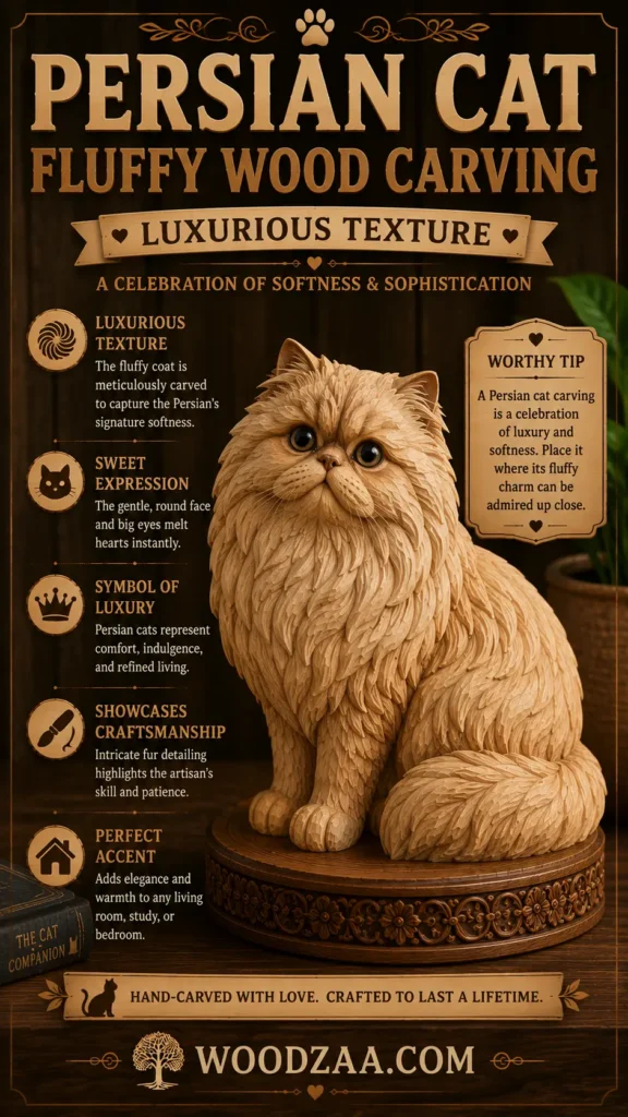 Hand-carved wooden Persian cat sculpture with long, fluffy coat details, sitting on an ornate carved wood base. Prominent top text reads "Persian Cat Fluffy Wood Carving - Luxurious Texture: A Celebration of Softness & Sophistication." Left-side callouts highlight Luxurious Texture, Sweet Expression, Symbol of Luxury, Showcases Craftsmanship, and Perfect Accent. A right-side card offers a "Worthy Tip" on placement, set against a dark wooden background with books and the website "woodzaa.com".