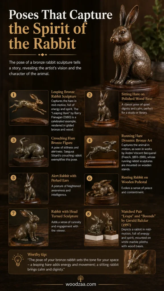 Infographic titled "Poses That Capture the Spirit of the Rabbit" featuring a large bronze rabbit sculpture in the upper right. Eight numbered panels showcase different poses: 1. Leaping Bronze Rabbit, 2. Sitting Hare, 3. Crouching Hare, 4. Running Hare, 5. Alert Rabbit, 6. Resting Rabbit, 7. Rabbit with Head Turned, and 8. Matched Pair. Includes a "Worthy tip" box at the bottom, a tree logo, and the website URL "woodzaa.com" centered at the bottom.