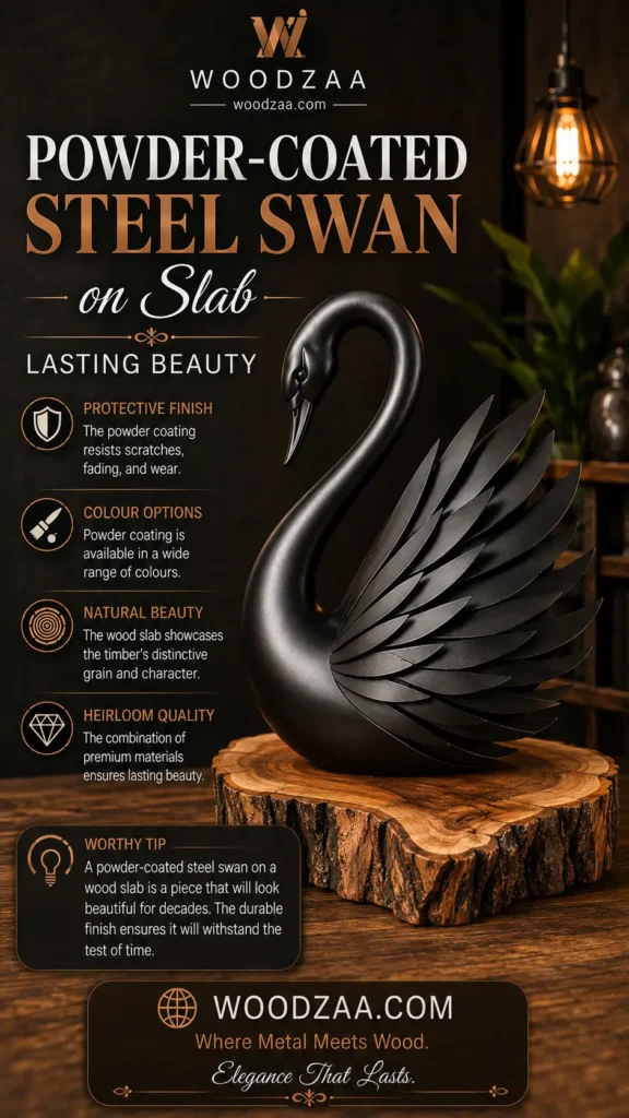 A sleek matte black powder-coated steel swan sculpture rests on a natural wood slab base. Header text reads "Powder-Coated Steel Swan on Slab - Lasting Beauty" beneath the Woodzaa logo. Four bullet points on the left with icons highlight: Protective Finish, Colour Options, Natural Beauty, and Heirloom Quality. A "Worthy Tip" box at the bottom details the durability of the piece, above the website woodzaa.com and slogan "Where Metal Meets Wood. Elegance That Lasts."