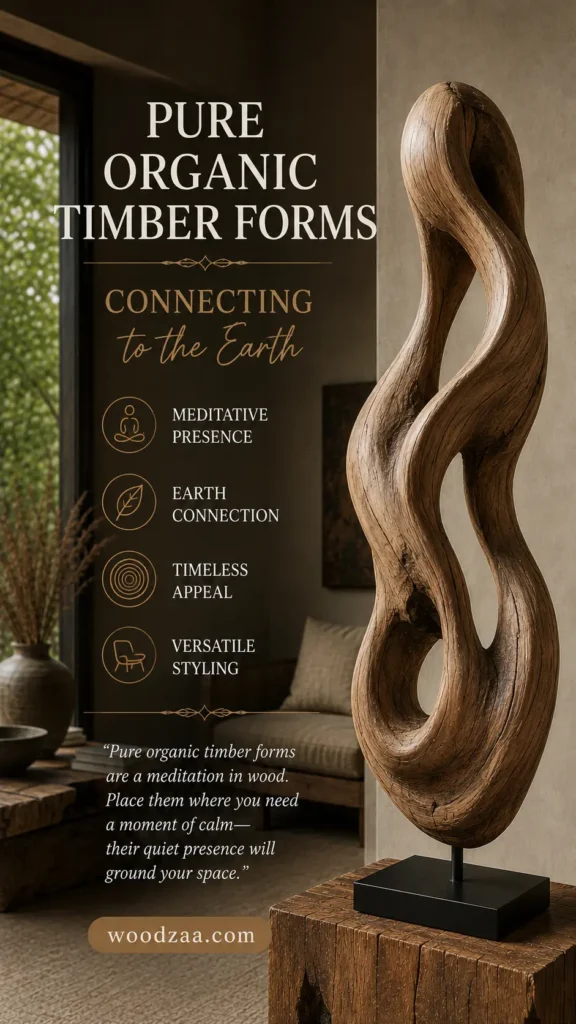 Vertical Pinterest graphic featuring a smooth, twisting organic wood sculpture with open carved loops mounted on a black metal base over a wooden pedestal. Text on the left reads "PURE ORGANIC TIMBER FORMS" with handwritten script "Connecting to the Earth." Four circular line icons list key highlights: Meditative Presence, Earth Connection, Timeless Appeal, and Versatile Styling, accompanied by a short quote about grounding your space and the website link woodzaa.com at the bottom.
