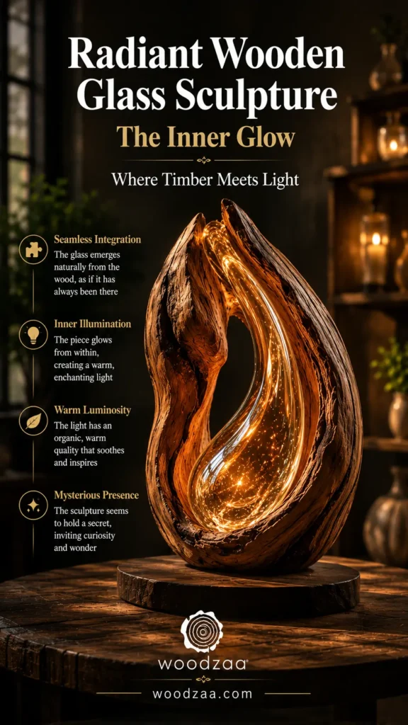A vertical Pinterest graphic featuring a teardrop-shaped wood and glass sculpture on a round wooden pedestal. A textured, natural wood shell wraps around a glowing golden-amber glass core filled with sparkling warm lights. At the top, bold text reads: "Radiant Wooden Glass Sculpture - The Inner Glow - Where Timber Meets Light." Four golden icons on the left highlight Seamless Integration, Inner Illumination, Warm Luminosity, and Mysterious Presence. The bottom displays the "woodzaa" logo and woodzaa.com.