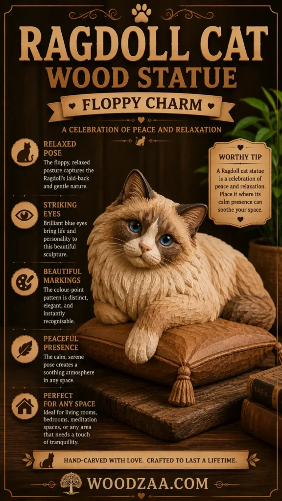 Hand-carved wooden Ragdoll cat statue with color-point fur and vivid blue eyes, resting peacefully on a wooden carved cushion. Large title text at the top reads "Ragdoll Cat Wood Statue - Floppy Charm: A Celebration of Peace and Relaxation." Left-side callouts highlight Relaxed Pose, Striking Eyes, Beautiful Markings, Peaceful Presence, and Perfect for Any Space. A right-side card shares a "Worthy Tip" on placement, set against a dark wooden backdrop above the website "woodzaa.com".