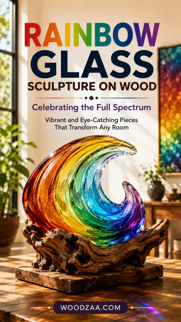 Vertical Pinterest graphic with colorful header text reading "RAINBOW GLASS SCULPTURE ON WOOD" alongside "Celebrating the Full Spectrum" and "Vibrant and Eye-Catching Pieces That Transform Any Room." The focal point is a cresting ocean-wave sculpture crafted from translucent, rainbow-gradient blown glass featuring bands of red, orange, yellow, green, cyan, and violet. The wave rests inside a contoured rustic driftwood piece on a wooden pedestal. "WOODZAA.COM" is printed at the bottom.