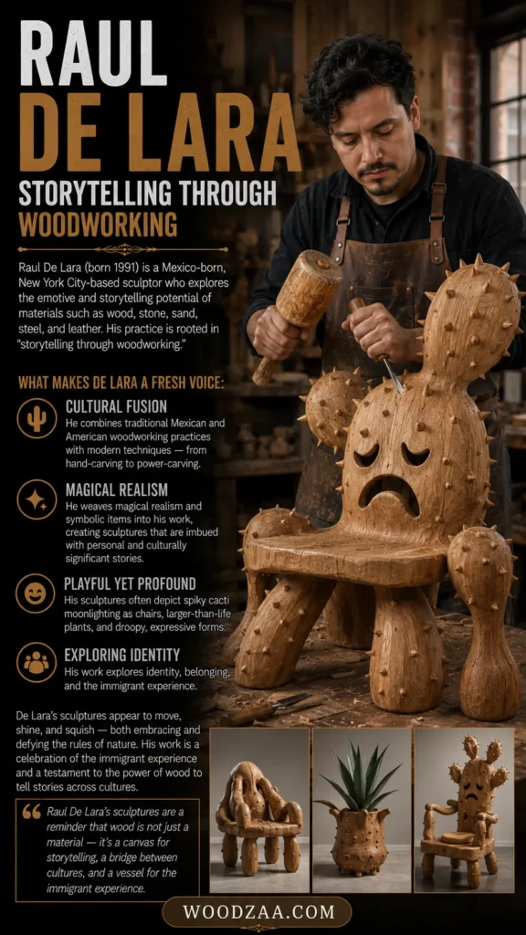 Pinterest graphic titled "Raul De Lara: Storytelling Through Woodworking." The left section presents details about the Mexico-born, NYC-based artist (born 1991) alongside four icon-highlighted points exploring cultural fusion, magical realism, and identity. On the right, a craftsman in a leather apron uses a chisel and mallet to work on a wooden chair shaped like a sad, spiky cactus. Three smaller photos showing cactus-themed wood sculptures sit at the bottom above a "WOODZAA.COM" banner.