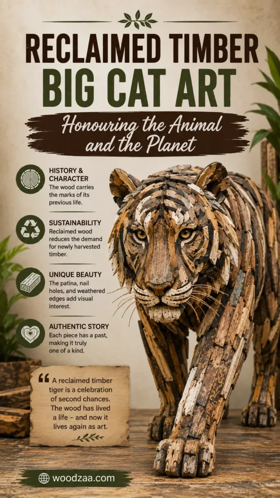 Vertical graphic featuring a detailed tiger sculpture made from textured, multi-toned reclaimed wood pieces. Bold top text reads "RECLAIMED TIMBER BIG CAT ART - Honouring the Animal and the Planet." Left side lists four key features: History & Character, Sustainability, Unique Beauty, and Authentic Story. A paper-style quote box at the bottom left reads "A reclaimed timber tiger is a celebration of second chances..." with the website woodzaa.com displayed at the base.