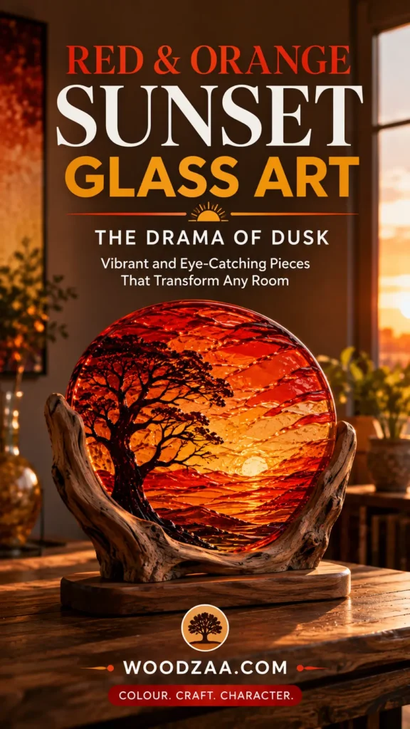 Vertical Pinterest graphic featuring header text reading "RED & ORANGE SUNSET GLASS ART" with "THE DRAMA OF DUSK" and "Vibrant and Eye-Catching Pieces That Transform Any Room." The image displays a circular glass disc sculpture depicting a glowing sunset scene with textured fiery red and orange clouds, a setting sun, and a detailed black silhouette of a tree against rolling hills. The disc rests cradled in weathered natural driftwood on a wooden stand with "WOODZAA.COM" at the bottom.