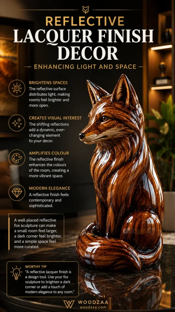 Vertical promotional pin featuring a high-gloss, carved wooden fox sculpture sitting on a polished surface in a warm interior. Bold headline reads "REFLECTIVE LACQUER FINISH DECOR — ENHANCING LIGHT AND SPACE." On the left, feature highlights cover brightening spaces, creating visual interest, amplifying color, and modern elegance. A callout box and "Worthy Tip" section are included above the Woodzaa brand logo at the bottom.