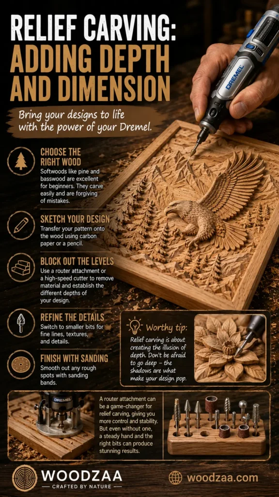 Infographic titled "Relief Carving: Adding Depth and Dimension" by Woodzaa. It outlines five key steps: Choose the Right Wood, Sketch Your Design, Block Out the Levels, Refine the Details, and Finish with Sanding. Images feature a hand using a Dremel tool to detail a high-relief carving of an eagle flying over a mountain forest, a carved flower, a Dremel router attachment in action, and a wooden block organizing carving bits. Includes a tip on creating depth and the URL woodzaa.com.