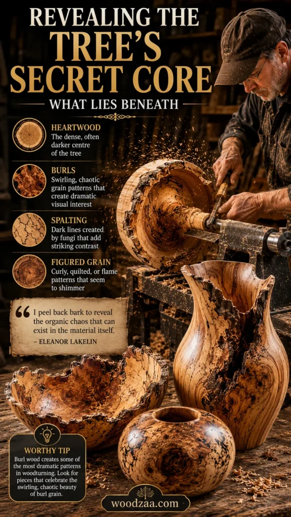 Infographic titled "Revealing the Tree's Secret Core: What Lies Beneath." A woodturner crafts a bowl on a lathe as sawdust flies. Intricately carved wooden art pieces sit in the foreground, including a natural-edge live-bark vase, a spalted wood bowl, and a burl sphere. Golden circular icons explain wood features: Heartwood, Burls, Spalting, and Figured Grain. A parchment block quotes artist Eleanor Lakelin, and a "Worthy Tip" box suggests choosing burl wood for dramatic, swirling grain patterns.
