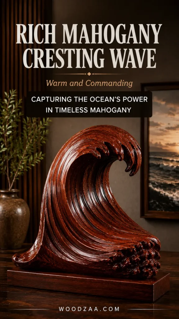A rich mahogany carved cresting wave sculpture with a glossy finish and warm reddish-brown tones, sitting on a matching wooden plinth. Text overlay reads: "RICH MAHOGANY CRESTING WAVE", "Warm and Commanding", and a dark badge reading "CAPTURING THE OCEAN'S POWER IN TIMELESS MAHOGANY". In the background, an earthy ceramic vase with greenery stands by slatted wall panels next to a framed sunset ocean landscape painting. The website "WOODZAA.COM" is displayed along the bottom edge.