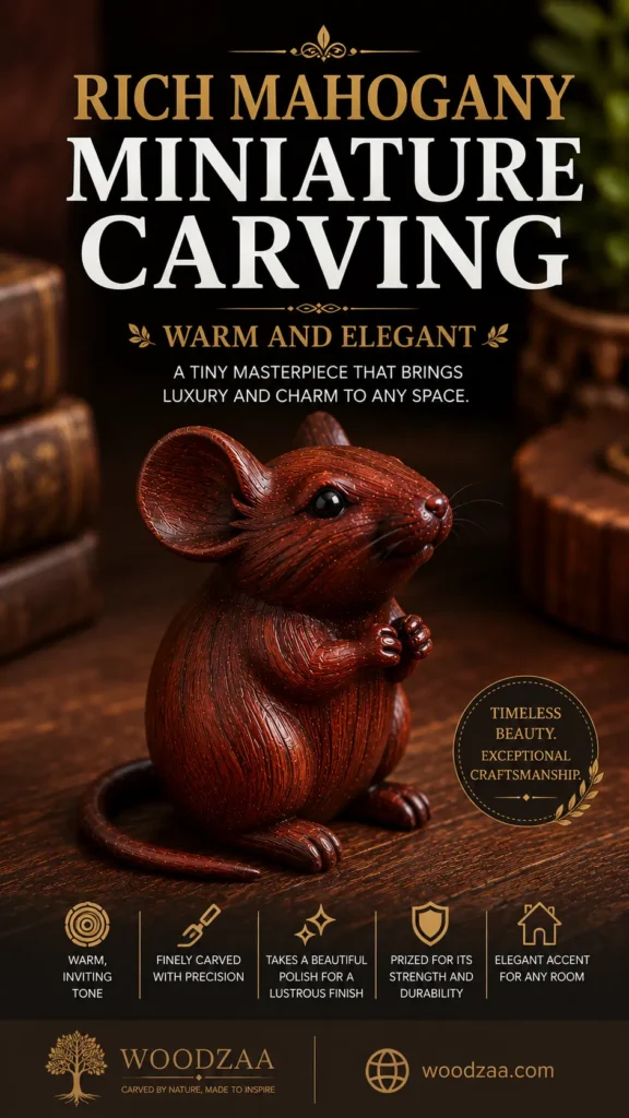 A hand-carved mouse figurine made of reddish-brown mahogany wood sitting upright on a dark tabletop. Bold headline text at the top reads "RICH MAHOGANY MINIATURE CARVING - WARM AND ELEGANT" above a description of its luxury and charm. A circular gold emblem reads "TIMELESS BEAUTY. EXCEPTIONAL CRAFTSMANSHIP." Five icons at the bottom highlight features like warm inviting tones and lustrous polish, above the Woodzaa logo, tagline "Carved by nature, made to inspire," and website woodzaa.com.