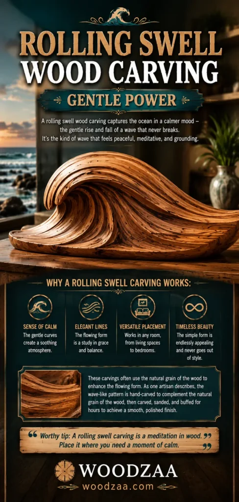Pinterest graphic titled "ROLLING SWELL WOOD CARVING – GENTLE POWER." Shows a smooth, polished wooden sculpture of a gently arching ocean wave resting on a wooden tabletop. Below, four icons list key benefits: Sense of Calm, Elegant Lines, Versatile Placement, and Timeless Beauty. Text details how the natural grain is hand-carved, sanded, and buffed. The pin concludes with a quote reading "A rolling swell carving is a meditation in wood," followed by the WOODZAA logo and woodzaa.com.