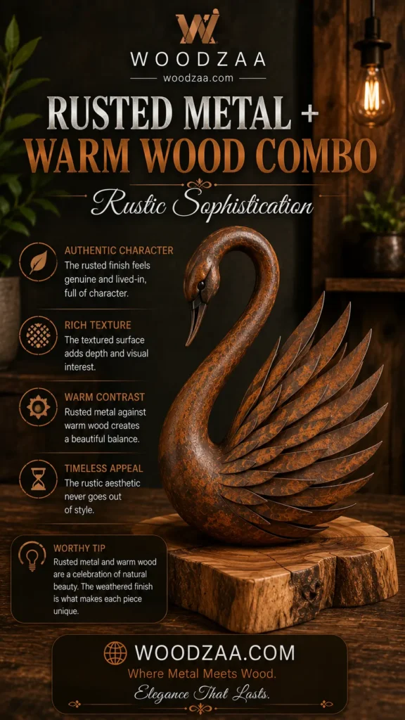 A rusted metal swan sculpture with warm, weathered tones rests on a natural sliced wood slab base. Header text reads "Rusted Metal + Warm Wood Combo - Rustic Sophistication" under the Woodzaa logo. Four feature highlights with icons on the left list: Authentic Character, Rich Texture, Warm Contrast, and Timeless Appeal. A "Worthy Tip" box at the bottom highlights natural beauty, above the website woodzaa.com and slogan "Where Metal Meets Wood. Elegance That Lasts."