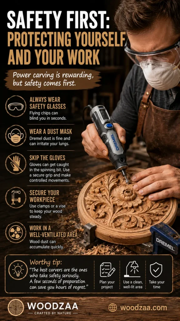 Infographic titled "Safety First: Protecting Yourself and Your Work" by Woodzaa. It lists five essential safety rules: Wear Safety Glasses, Wear a Dust Mask, Skip the Gloves, Secure Your Workpiece, and Work in a Well-Ventilated Area. A craftsman wearing protective eye goggles and a dust mask uses a Dremel tool to carve a decorative wooden floral piece clamped to a workbench. Icons at the bottom highlight planning, proper lighting, and taking your time. Includes woodzaa.com.