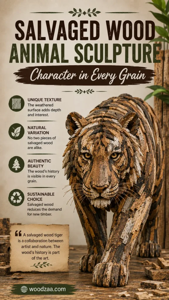 Vertical graphic showcasing a prowling tiger sculpture made from detailed mosaic pieces of salvaged wood. Header text reads "SALVAGED WOOD ANIMAL SCULPTURE - Character in Every Grain." Icons on the left list key highlights: Unique Texture, Natural Variation, Authentic Beauty, and Sustainable Choice. A parchment-style quote box at the bottom left reads "A salvaged wood tiger is a collaboration between artist and nature..." above the website link woodzaa.com.