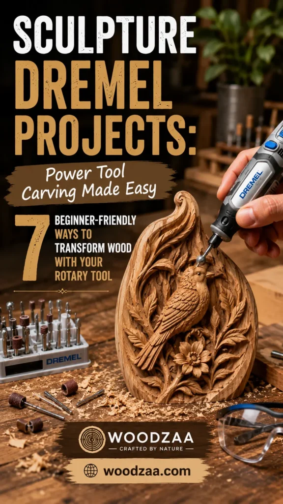 Pinterest pin graphic titled "Sculpture Dremel Projects: Power Tool Carving Made Easy. 7 Beginner-Friendly Ways to Transform Wood with Your Rotary Tool" by Woodzaa. A hand uses a Dremel rotary tool to carve fine details into a wooden sculpture of a songbird surrounded by carved leaves and a flower. A organizer block filled with Dremel bits, loose sanding bands, wood shavings, and safety glasses sit on the wooden workbench. Website URL woodzaa.com is displayed at the bottom.