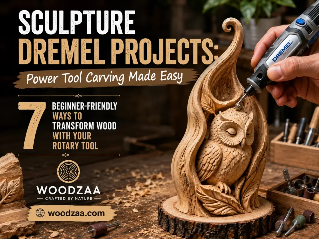 Pinterest graphic titled "Sculpture Dremel Projects: Power Tool Carving Made Easy. 7 Beginner-Friendly Ways to Transform Wood with Your Rotary Tool" by Woodzaa. A close-up shows a hand carving details on a wooden owl sculpture nested in a tree hollow using a Dremel rotary tool. The sculpture sits on a rustic wood slice surrounded by wood shavings, sanding bits, and carving tools on a wooden workbench. The Woodzaa logo and website URL woodzaa.com are prominently displayed.