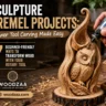Pinterest graphic titled "Sculpture Dremel Projects: Power Tool Carving Made Easy. 7 Beginner-Friendly Ways to Transform Wood with Your Rotary Tool" by Woodzaa. A close-up shows a hand carving details on a wooden owl sculpture nested in a tree hollow using a Dremel rotary tool. The sculpture sits on a rustic wood slice surrounded by wood shavings, sanding bits, and carving tools on a wooden workbench. The Woodzaa logo and website URL woodzaa.com are prominently displayed.