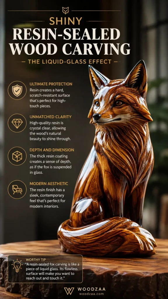Vertical promotional pin featuring a shiny, resin-sealed wooden fox carving sitting on a natural wood slab. Bold text reads "SHINY RESIN-SEALED WOOD CARVING — THE LIQUID-GLASS EFFECT." Icons on the left detail ultimate protection, unmatched clarity, depth and dimension, and modern aesthetic. A "Worthy Tip" box highlighting the liquid-glass finish and the Woodzaa logo are displayed at the bottom.