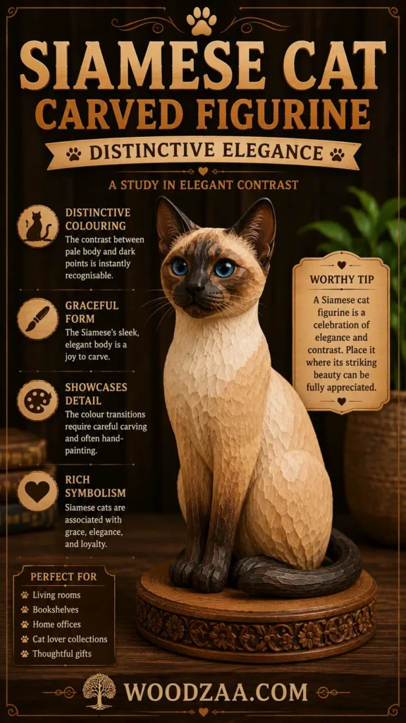 Hand-carved wooden Siamese cat figurine with dark brown points, striking blue eyes, and a cream body, seated on an ornate carved base. Bold top text reads "Siamese Cat Carved Figurine - Distinctive Elegance: A Study in Elegant Contrast." Left-side callouts detail Distinctive Colouring, Graceful Form, Showcases Detail, and Rich Symbolism, plus a "Perfect For" feature list. A right card shares a "Worthy Tip" on placement, set against a dark backdrop above the website "woodzaa.com".