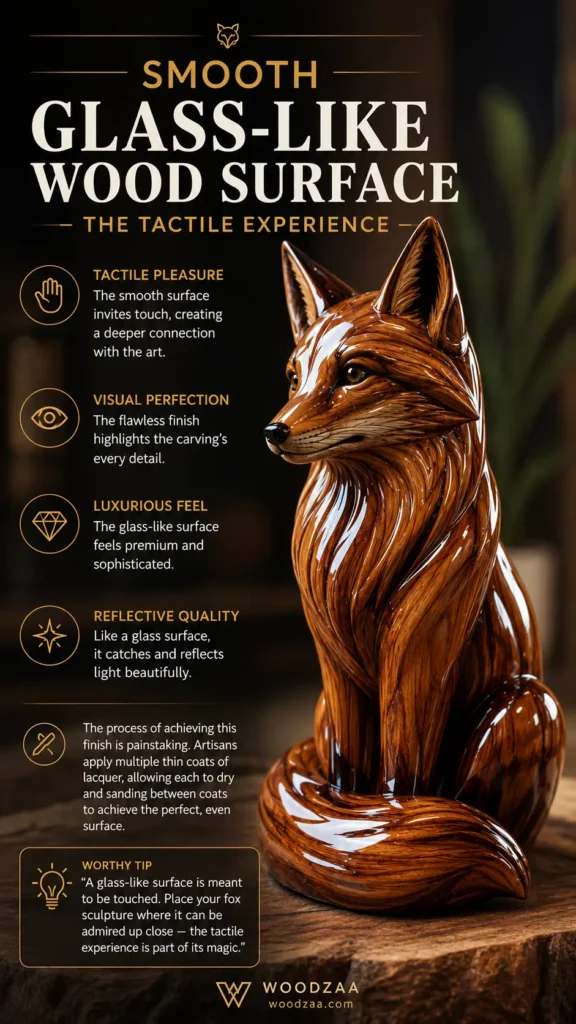 Vertical promotional pin featuring a smoothly polished, carved wooden fox sculpture with a glass-like shine sitting on a rustic wood base. Bold title reads "SMOOTH GLASS-LIKE WOOD SURFACE — THE TACTILE EXPERIENCE." Text highlights tactile pleasure, visual perfection, luxurious feel, and reflective quality, with a brief explanation of artisan lacquer application. A "Worthy Tip" box and the Woodzaa logo are visible at the bottom.