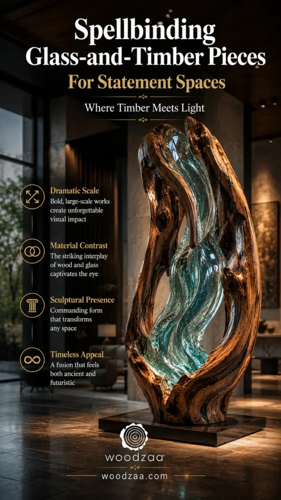A vertical Pinterest graphic featuring a large floor sculpture in a luxury room. The piece combines a hollow, curved log frame with a central flowing wave of translucent, light-blue blown glass illuminated from within. At the top, bold text reads: "Spellbinding Glass-and-Timber Pieces - For Statement Spaces." Four golden icons on the left highlight Dramatic Scale, Material Contrast, Sculptural Presence, and Timeless Appeal. The bottom features the "woodzaa" logo and woodzaa.com.